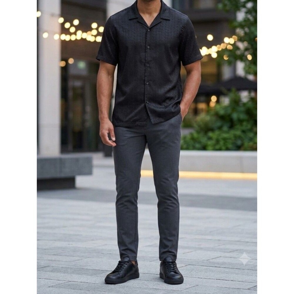 Casa Moda Couture Black L-Man Shirt Short Sleeve Geometric Design Regular.